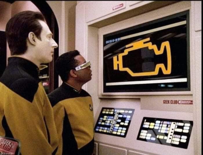 This meme is an image of a character from the TV show Star Trek: The Next Generation, Captain Jean-Luc Picard, looking at a console with a warning message that reads "Engage". The meme is a play on the idea that the ship's systems are malfunctioning and the captain is trying to fix the problem.